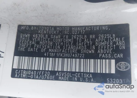 2017 Toyota Camry Se from USA, damaged, VIN 4T1BF1FK3HU749722